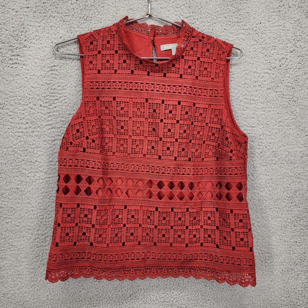 Daniel Rainn Womens Rust Red Crochet Lace Mock Neck Sleeveless Top PS